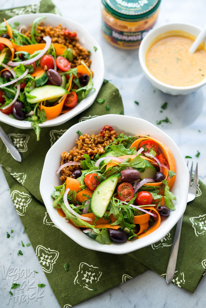 Arugula Bulgur Pilaf Salad - A tangy mix of warm, quick pilaf with a crunchy refreshing salad, and red pepper dressing. Perfect for Spring! #vegan #WildGarden #soyfree