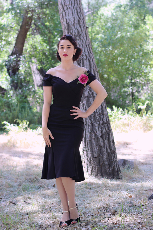 Unique Vintage The Pretty Dress Company Vintage 1940s Style Black Crepe Off Shoulder Fatale Wiggle Dress