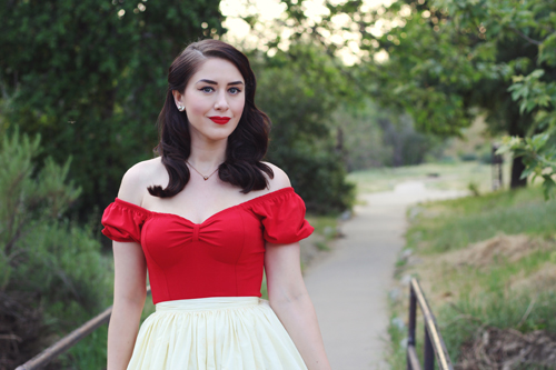 Powder Puff Top in Red by Vixen by Micheline Pitt Vintage Inspired by Jackie Belle Inspired Full Skirt