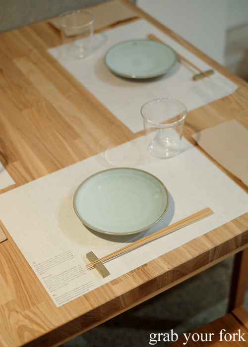 Table setting with washi paper placemats at Restaurant Sasaki in Surry Hills Sydney