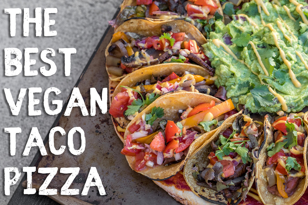 The BEST Vegan Taco Pizza w/ Fajita Veggies -- Viral Taco Pizza GOES VEGAN! sweetsimplevegan.com #taco #tacopizza #epicpizza #superbowl #oilfree #vegansuperbowl #bestvegan #vegantacopizza 