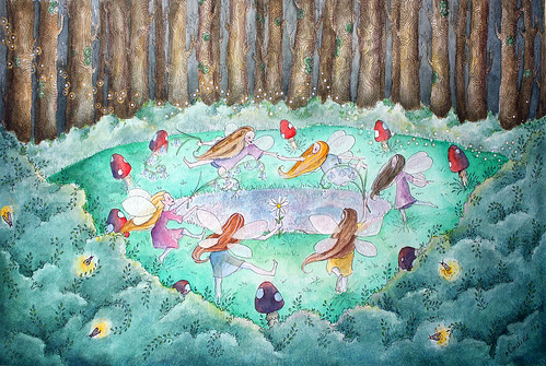 Dancing Faeries. Faeries dancing around the reflection of a full moon in a forest puddle. (Pen, watercolor, gold acrylic paint, white acrylic paint, and Pearl Ex powder pigment.) Artist Elena Feret 