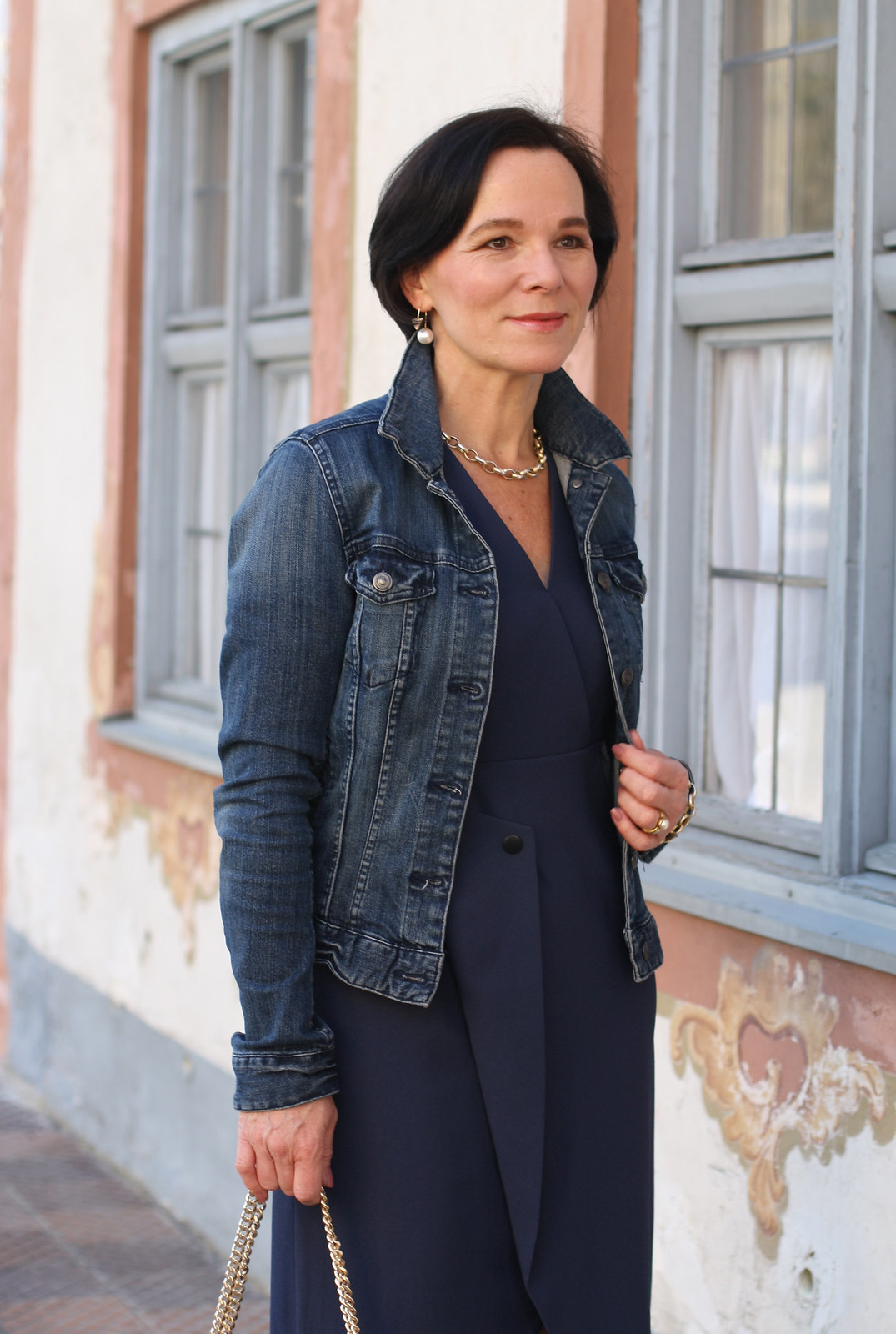 Dressing down a blue dress by Finery London with a denim jacket . Lady of Style . 50plusblogger