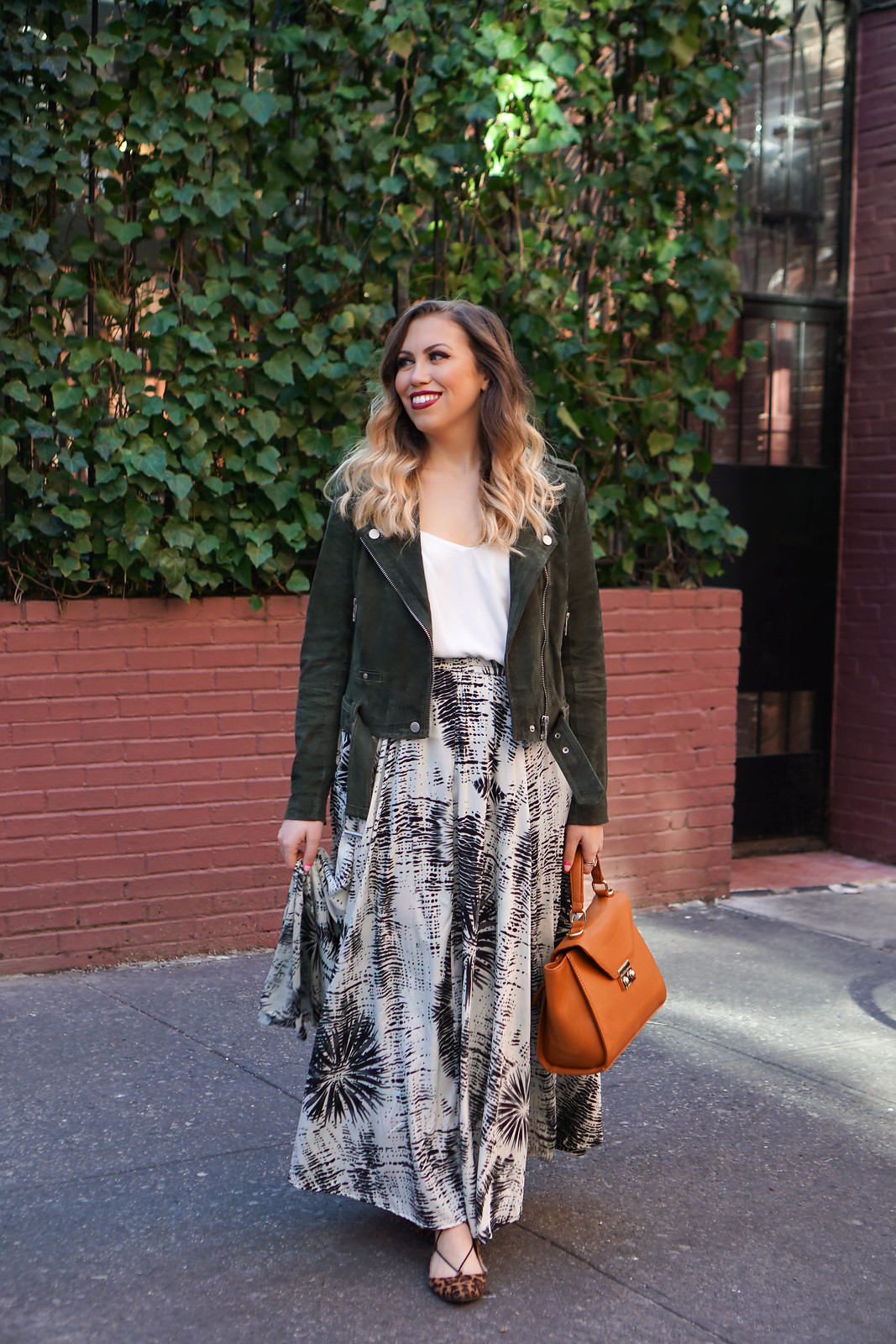Printed Maxi Skirt | Olive Suede Moto Jacket | Curly Blonde Hair | Urban Decay Vice Liquid Lipstick in 714 | Spring NYC Outfit 