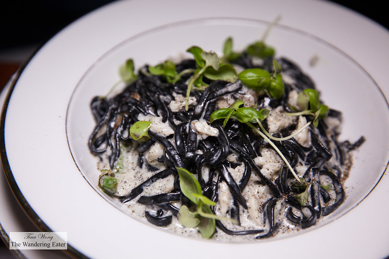 Squid ink linguine with Peekytoe crab, green chile, and cream sauce
