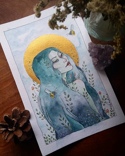 Gaea. Personification of the earth. (Pen, watercolor, gold acrylic paint, and white gel pen.)  Artist Elena Feret 