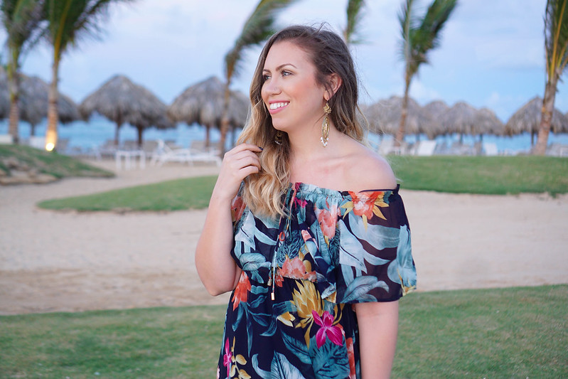 Beach Vacation Easy Makeup My Favorite Spring Trends Lulu's Navy Floral Print Off Shoulder Maxi Dress Punta Cana Dominican Republic Beach Vacation Outfit