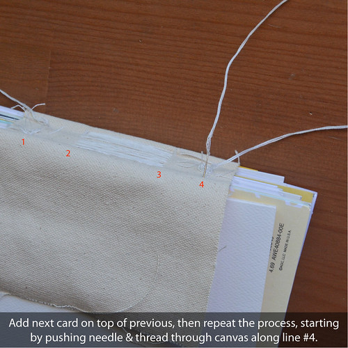 12. Pull stitches taut. Then add the next card on top of the previous, and repeat the process in the other direction. Start with canvas line #4, and work back down toward #1 as before.
