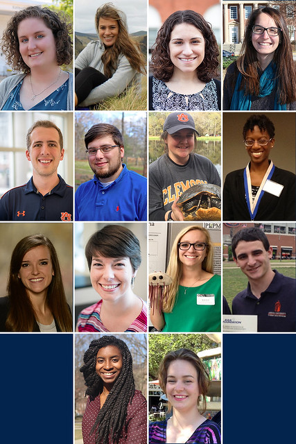 A composite image of the 14 Auburn University students and recent graduates who received National Science Foundation Graduate Research Fellowships.