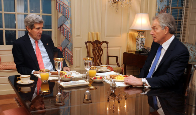 Secretary Kerry Holds Breakfast Meeting With Former British Prime Minister Blair