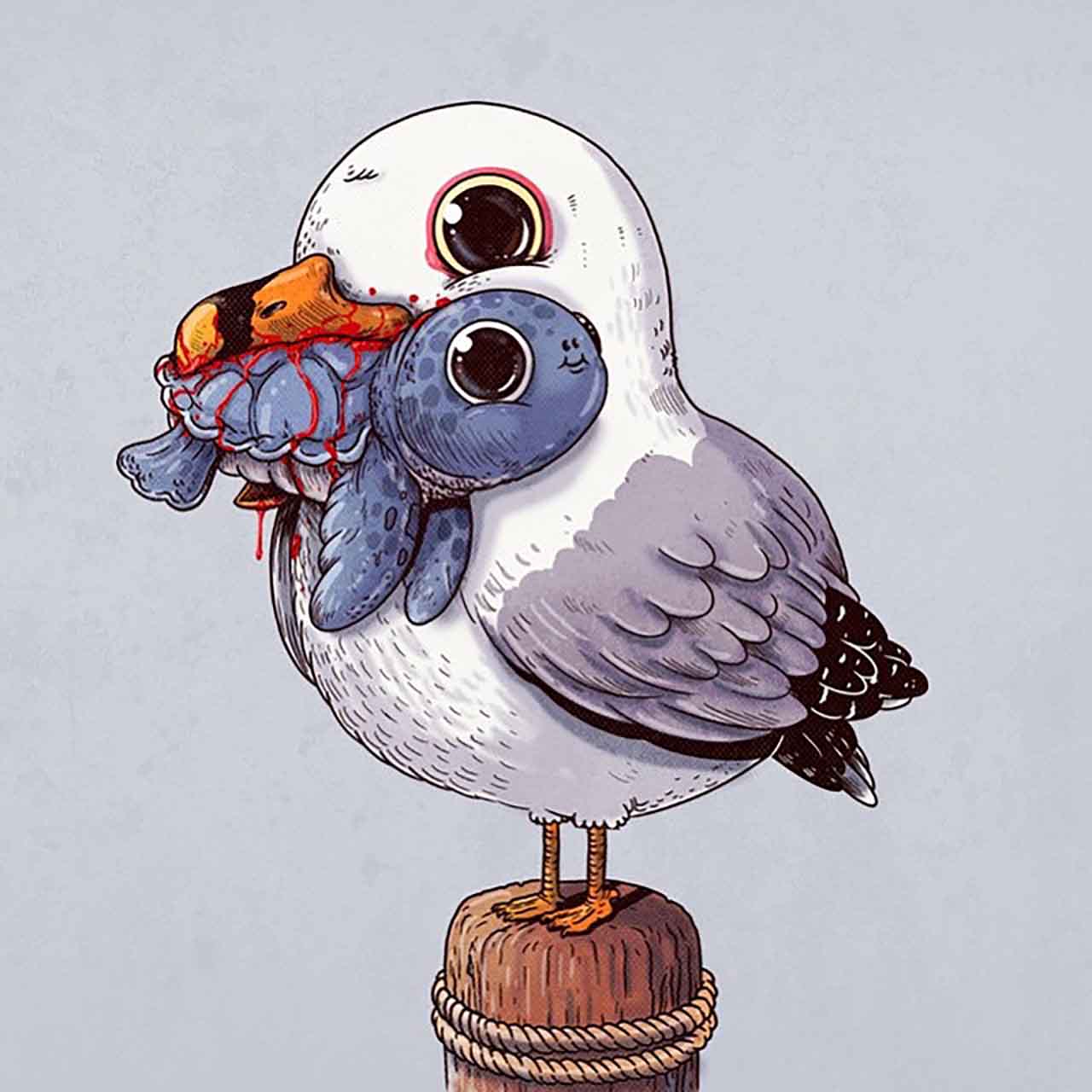  Artist Creates Extremely Adorable “Predator & Prey” Illustrations #3: Seagull & Sea Turtle