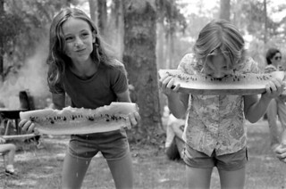 Girls competing in a watermelon eating contest on July 4th: White Springs, Florida