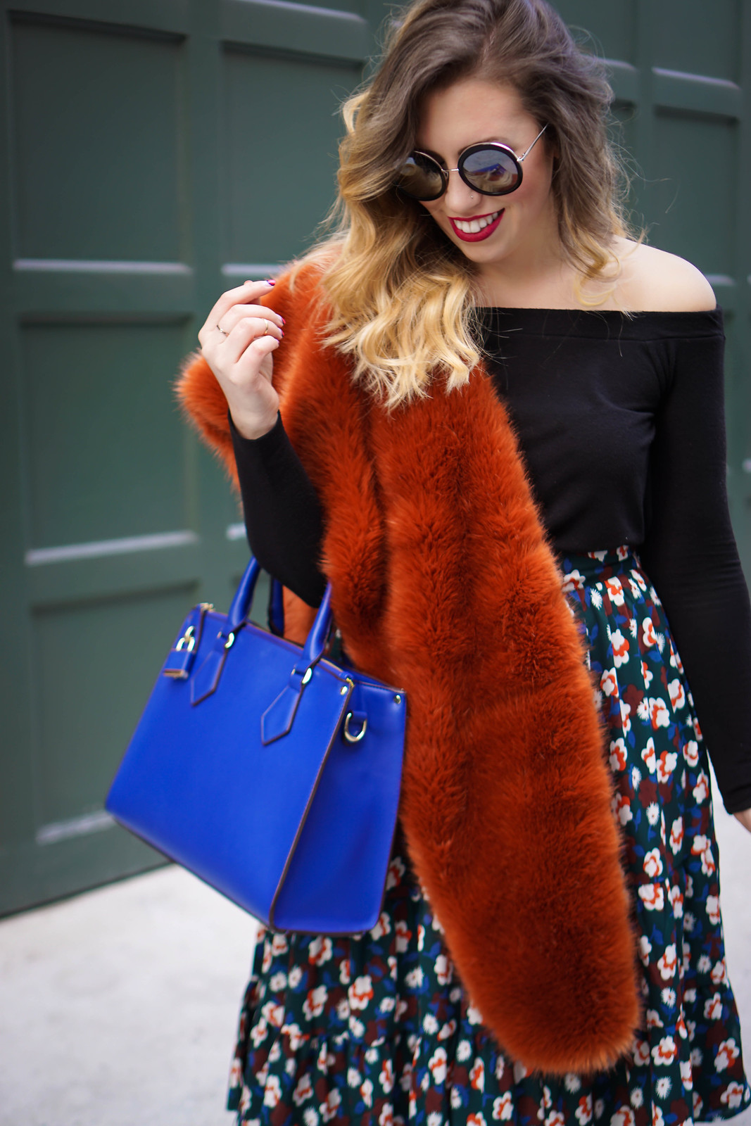 Faux Fur at NYFW | Sunday Somewhere Isabella Sunglasses, Off the Shoulder Sweater, Burnt Orange Scarf