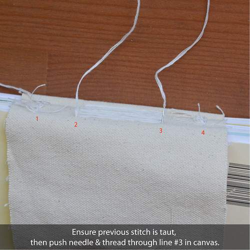 9. Ensure previous stitch is taut. Then push needle & thread through line #3 in the canvas.