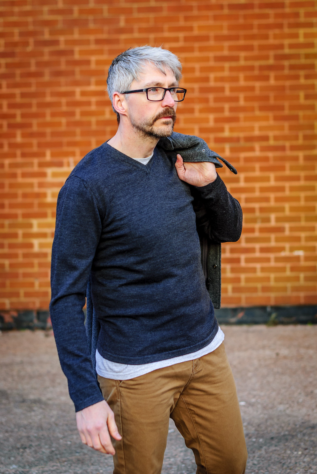 Casual Menswear: V-neck Jumper \ T-shirt \ Chinos \ Grey Jacket \ Canvas Boots \ Silver Londoner, over 40 style