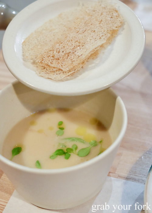 Turnip, cauliflower and miso soup at Restaurant Sasaki Japanese restaurant in Surry Hills Sydney