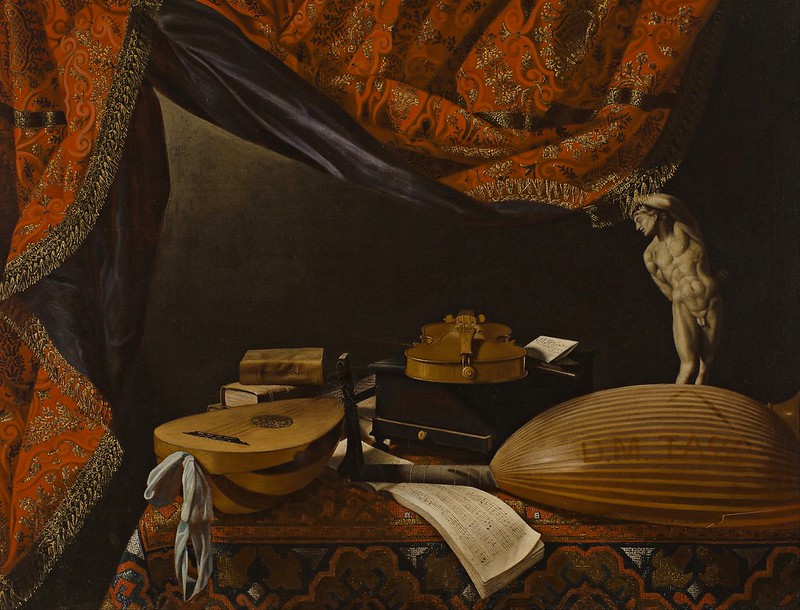 Evaristo Baschenis - Still life with Musical Instruments, Books and Sculpture (c.1650)