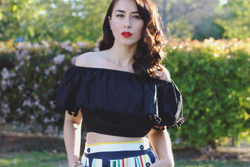 Hearts and Found Bardot Top in Black Voodoo Vixen Hailey Striped High Waist Trousers