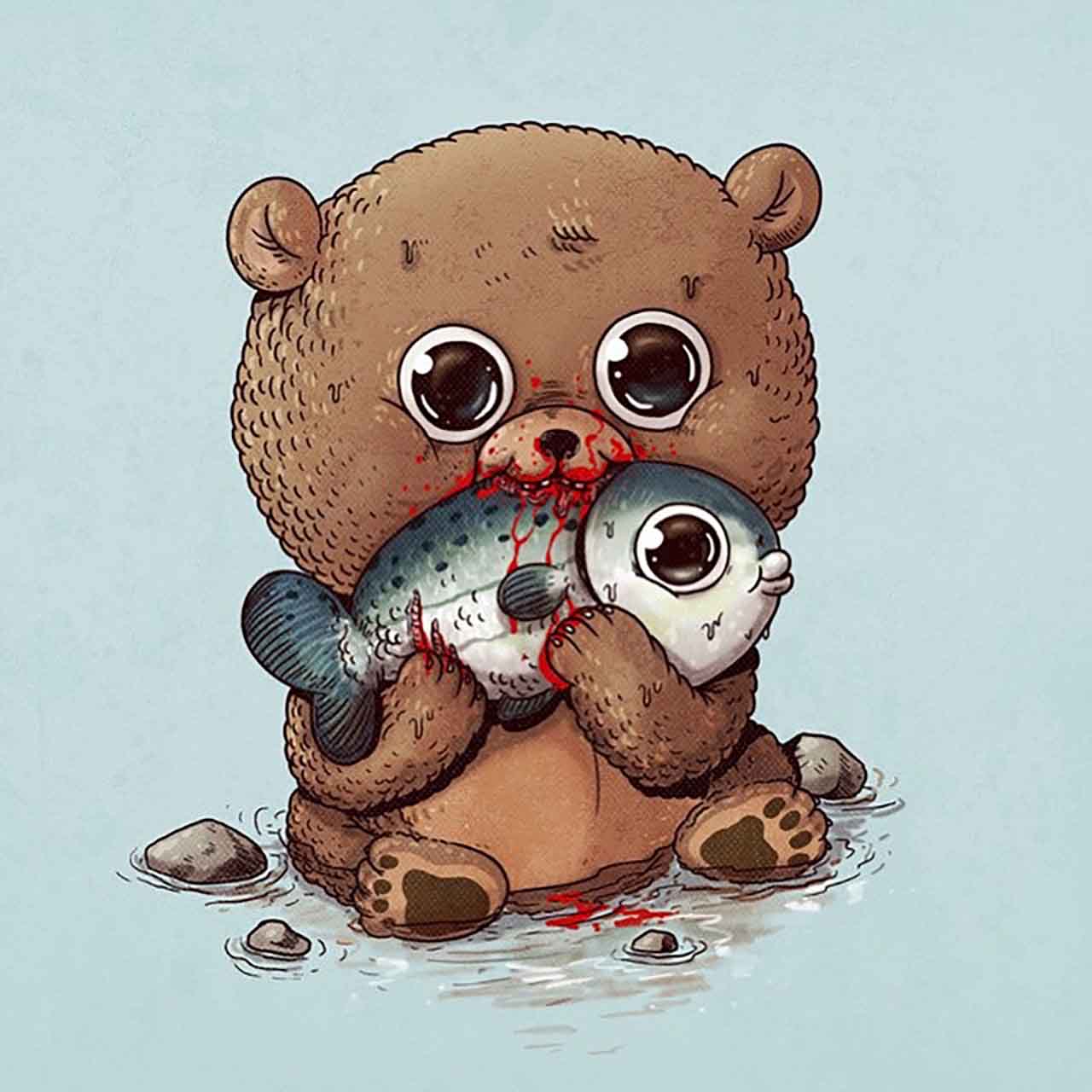  Artist Creates Extremely Adorable “Predator & Prey” Illustrations #5: Bear & Salmon 