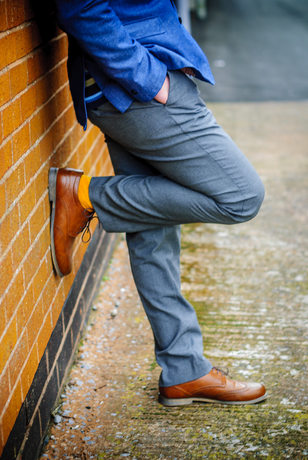 Smart menswear: Blue blazer \ striped sweater \ grey dress trousers \ brown brogues | Silver Londoner, over 40 style