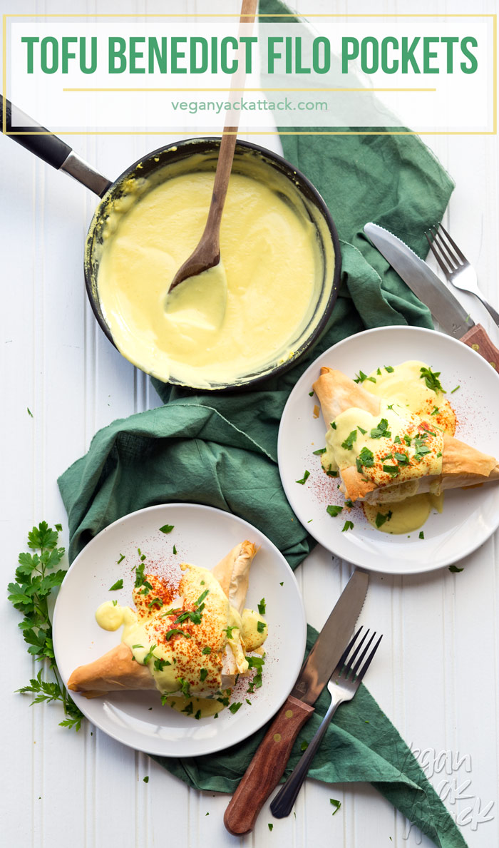 Need a fun brunch recipe? These Tofu Benedict Fillo Pockets are equal parts fancy and delicious! With an easy #vegan Hollandaise sauce. #dairyfree #eggfree