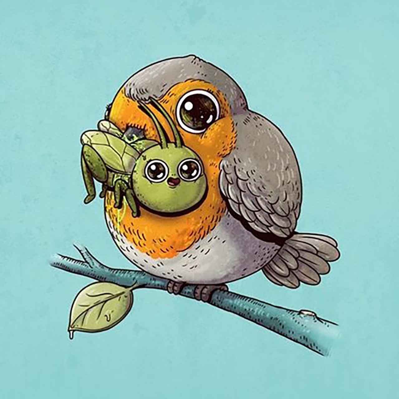  Artist Creates Extremely Adorable “Predator & Prey” Illustrations #1: Robin & Cricket 