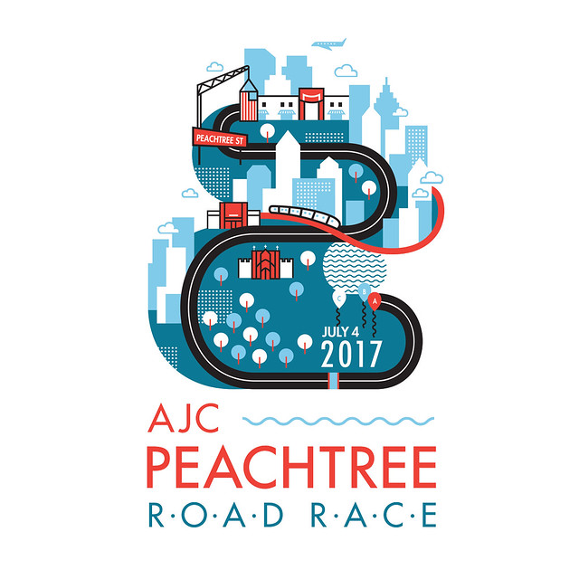 A T-shirt design for the Peachtree Road Race that incorporates Atlanta themes, such as Marta, the Atlanta skyline and Piedmont Park.