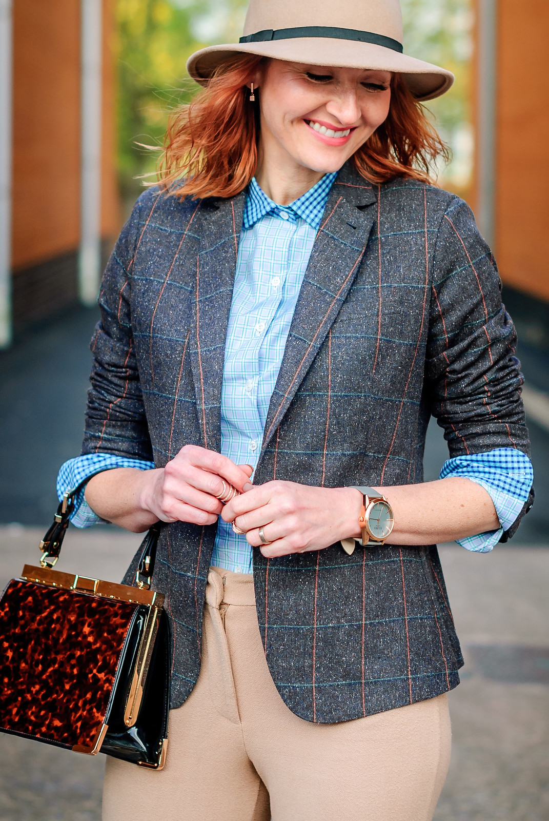 Smart British tailoring by Arthur Shirtley: Check shirt tweed silk blazer camel wide leg trousers silver slip on sneakers tortoiseshell bag camel fedora | Not Dressed As Lamb, over 40 style