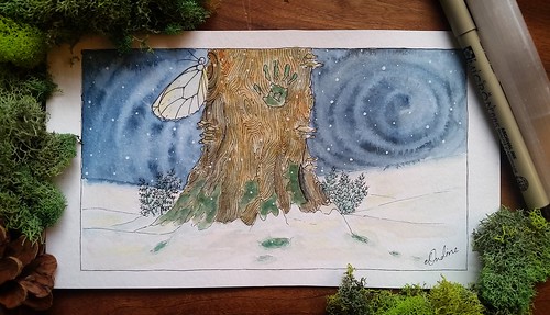 Mossy Tracks: An Illustration for the Nature Spirits. A nature spirit has left their mark on a tree despite the snow covered landscape. (Pen, Watercolor, and white gel pen.) Artist Elena Feret 