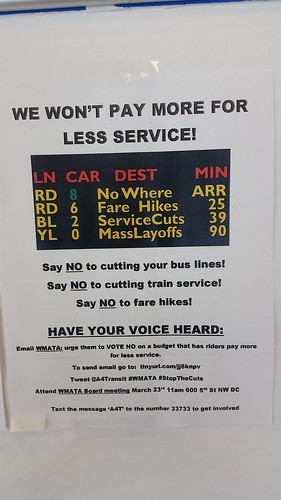 Flyer calling attention to Metrorail fare increases and service cuts posted at the Trips information center at the Silver Spring Transit Center