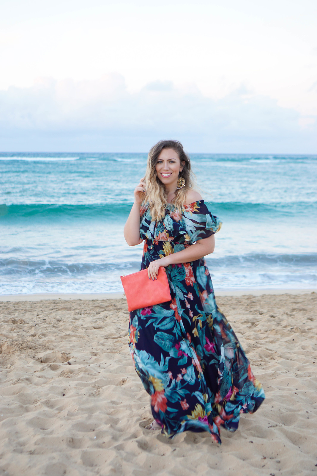 My Favorite Spring Trends Lulu's Navy Floral Print Off Shoulder Maxi Dress Punta Cana Dominican Republic Beach Vacation Outfit