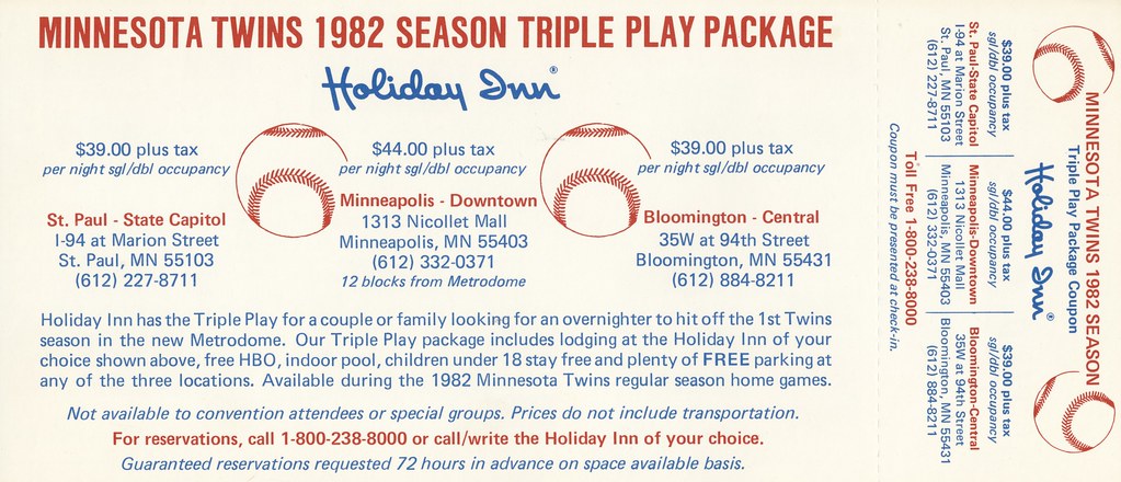 Holiday Inn 1982 Minnesota Twins Schedule - Minneapolis, Minnesota