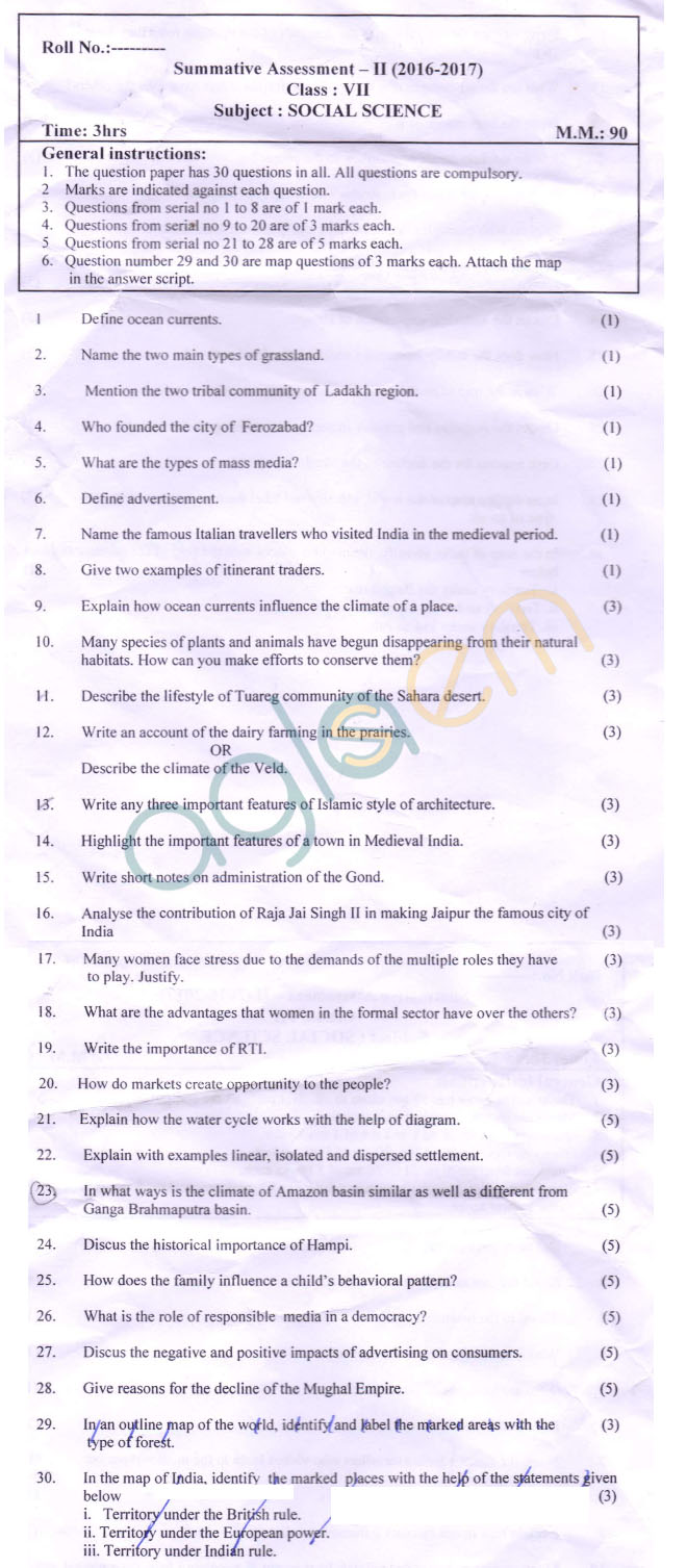 CBSE lass 7 SA 2 Question Paper for Social Science