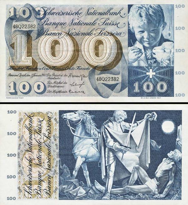 100 Frankov Švajčiarsko 1965, P49g