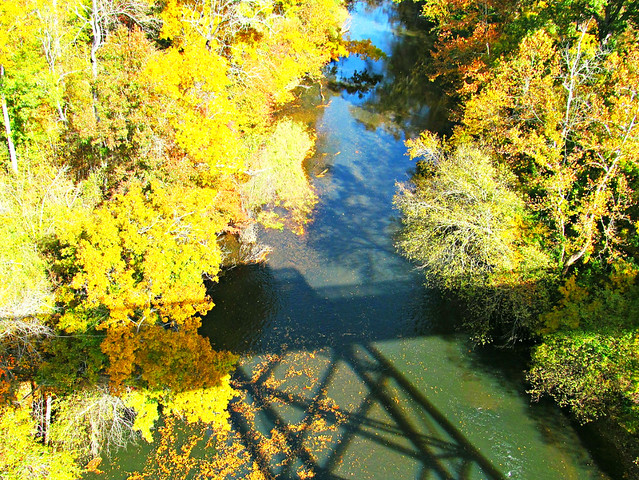 Looking over the side of High Bridge to view the Appomattox River below and more fall color - High Bridge State Park, Virginia