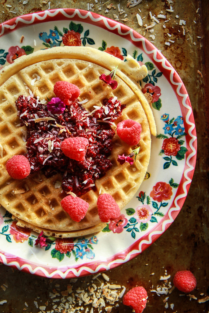 Coconut Waffles with Raspberry Sauce- Vegan and Gluten Free from HeatherChristo.com