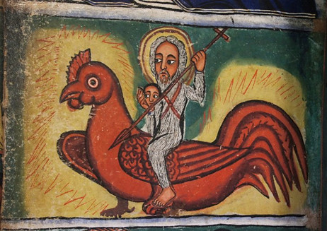 Abune Gebre Menfes Qidus, an Ethiopian Saint, riding a red chicken. This painting highlights the religious aspect of human-chicken interactions in Ethiopia.