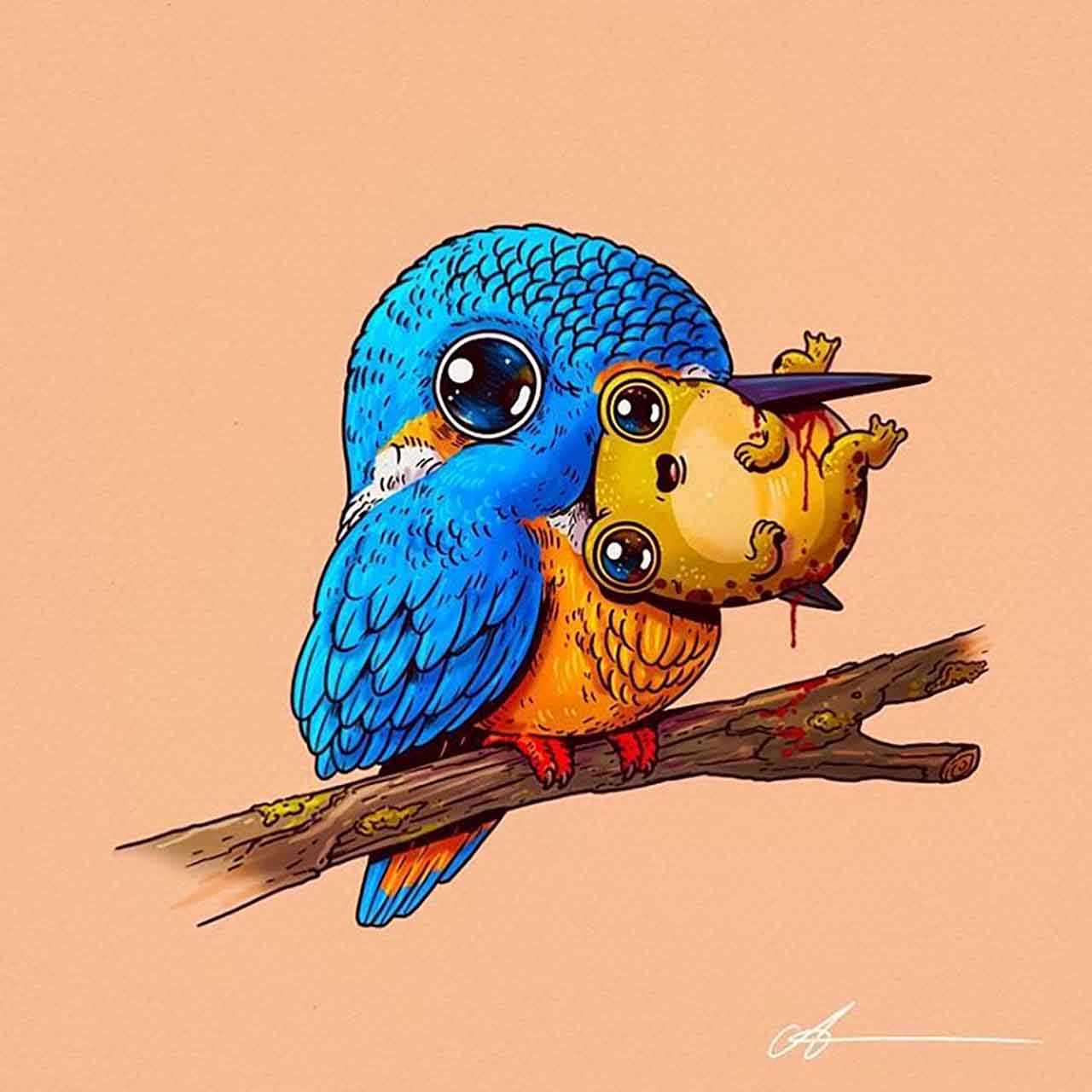  Artist Creates Extremely Adorable “Predator & Prey” Illustrations #2: Kingfisher & Frog 