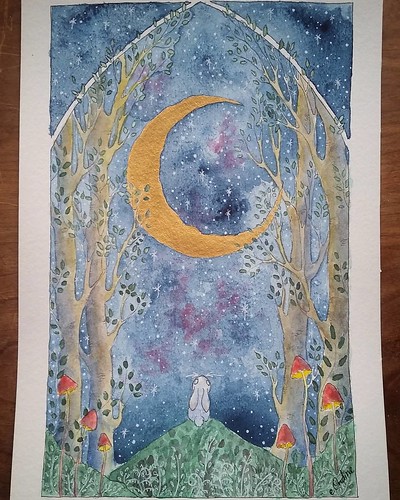 “The Clearest Way…” Illustration inspired by John Muir quote: “The clearest way into the universe is through a forest wilderness.” (Pen, watercolor, acrylic gold paint, white gel pen.) Artist Elena Feret 