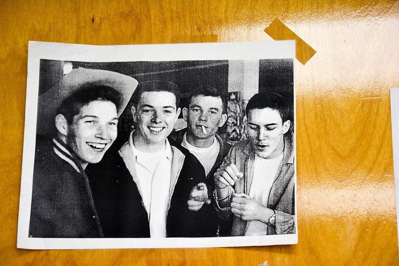 16 year old Curt Lindner in cowboy hat with three friends at Reddings drugstore