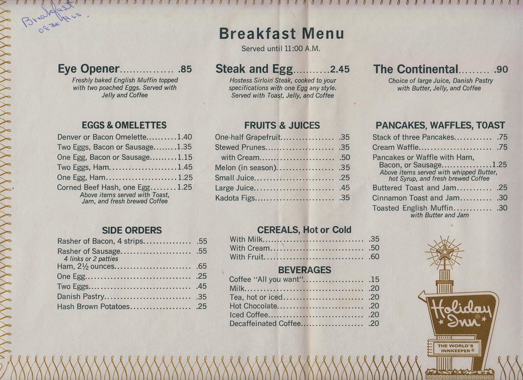 Holiday Inn Breakfast Menu, 1968
