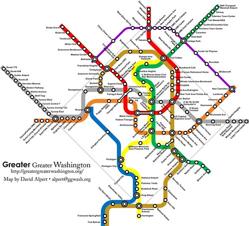 Conceptual map for transit expansion in the DC region with a focus on subway service expansion within the District of Columbia.