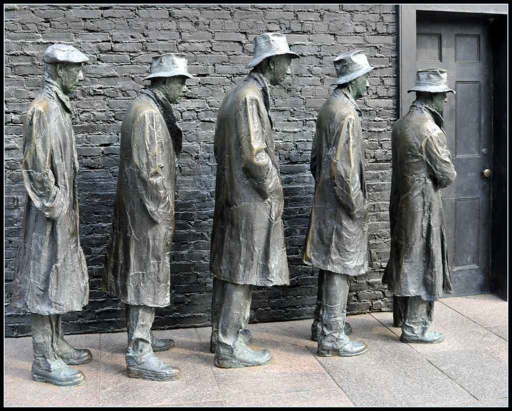 Image result for A sculpture of Great Depression Era men standing in a food line flickr