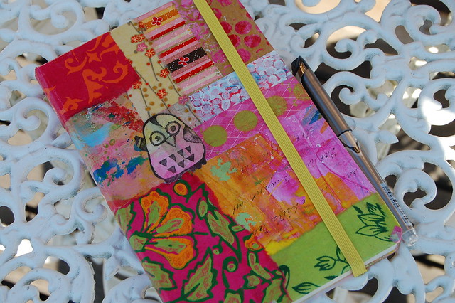 Pimp Your Moleskine by iHanna, front view of the patchwork with owl stamp I carved
