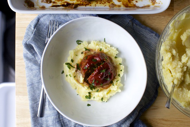 tomato-glazed meatloaves with brown butter mashed potatoes