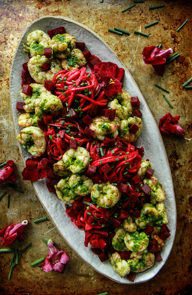 Paleo Beet Pesto Zoodles with Spicy Herb Shrimp from HeatherChristo.com
