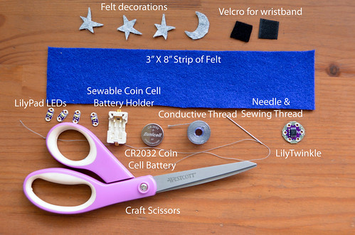 Supplies to make a twinkly light up felt wristband