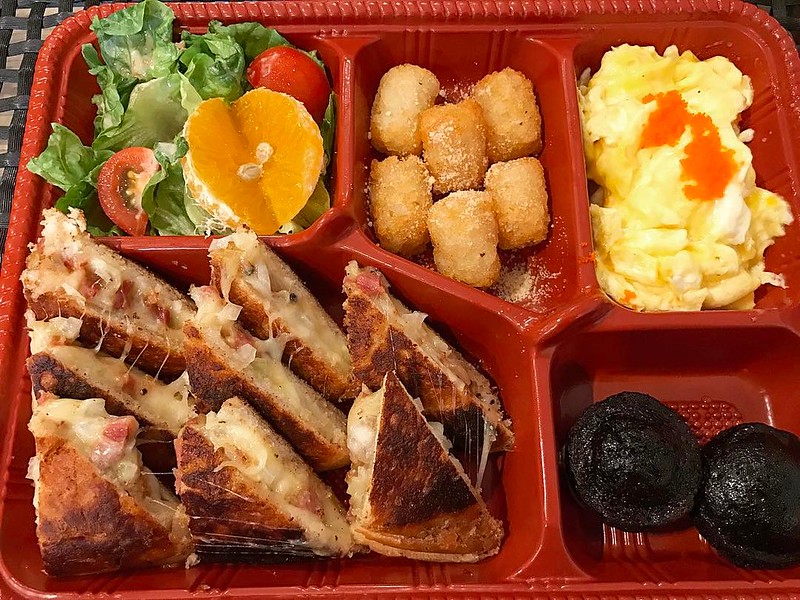 Serrano #ham grilled #cheese bento set by Jo Ann at @dineinnofficial with truffled scrambled #egg, Parmesan tater tots, mesclun #salad and #dessert of the day (mini #chocolate #muffins). This generous portion of #deliciousness at only $12! #dineinn #dinei