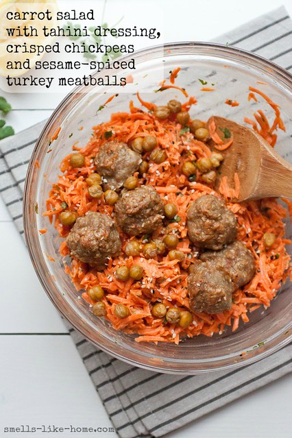 Carrot Salad with Tahini Dressing, Crisped Chickpeas and Seasame-Spiced Baked Turkey Meatballs