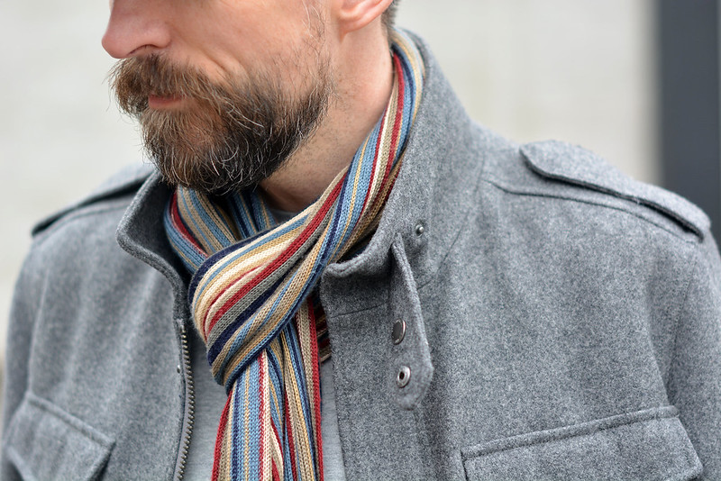 How to wear not-too-skinny skinny jeans: Grey wool jacket \ baseball cap \ striped scarf \ desert boots | Silver Londoner, over 40 menswear